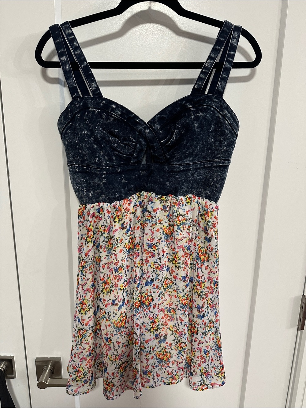 Juniors Denim Sweetheart Top Dress with Floral Flowy Skirt
